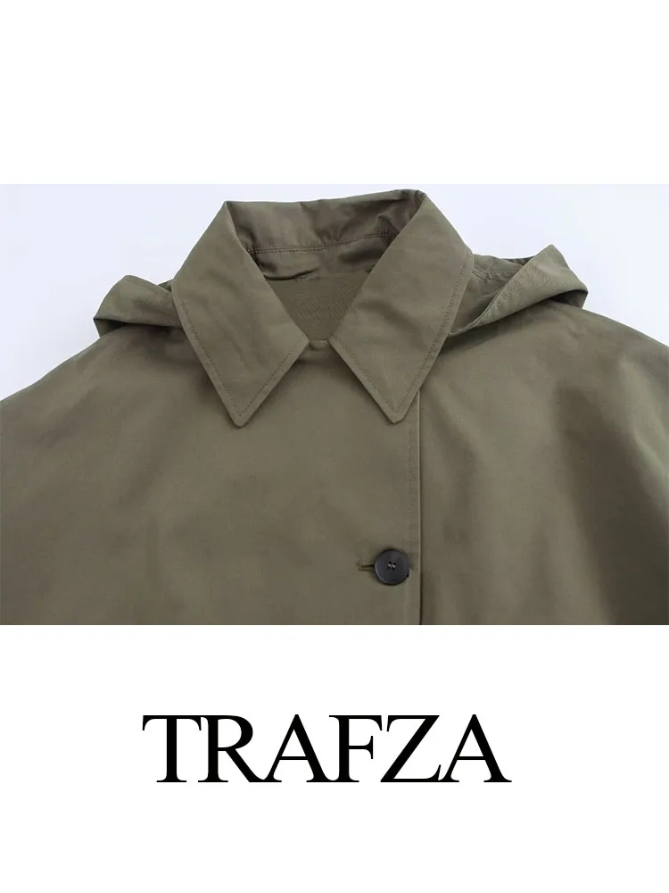 TRAFZA Autumn Windbreaker Woman Trendy Solid Turn-Down Collar Long Sleeves Pockets Single Breasted Female Casual Loose Coats