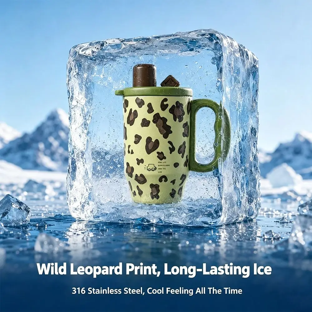 New Leopard Print Insulated Tumbler Insulated 750ml Thermos Cup with Handle and Straw Portable Straw Tumbler Car Use