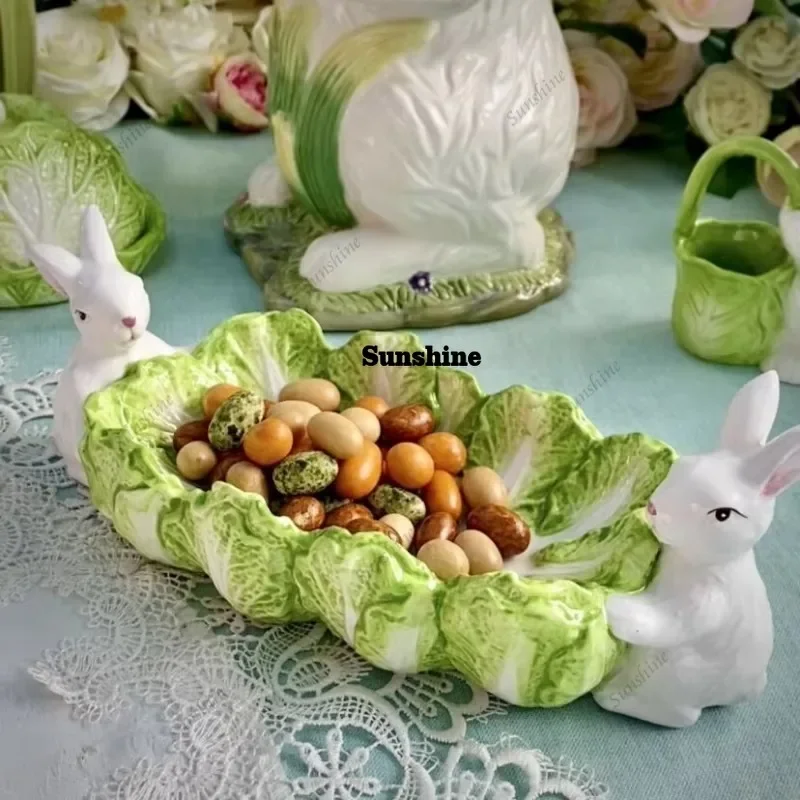 

European Ceramic Chinese Cabbage rabbits fruit plate Dried fruit snack plate butter cream box fruit fork jar table decorationY