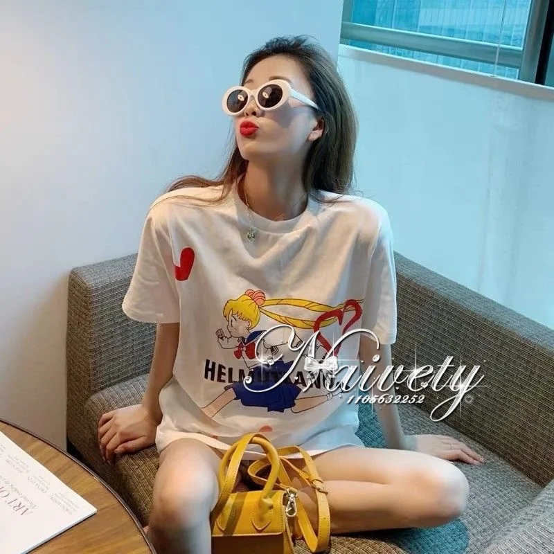 

90s Anime Inspired Sailor Moon Vintage Print Cotton Tshirt Summer Casual Street Trend Short Sleeve Couple Hip Hop Tops Y2k