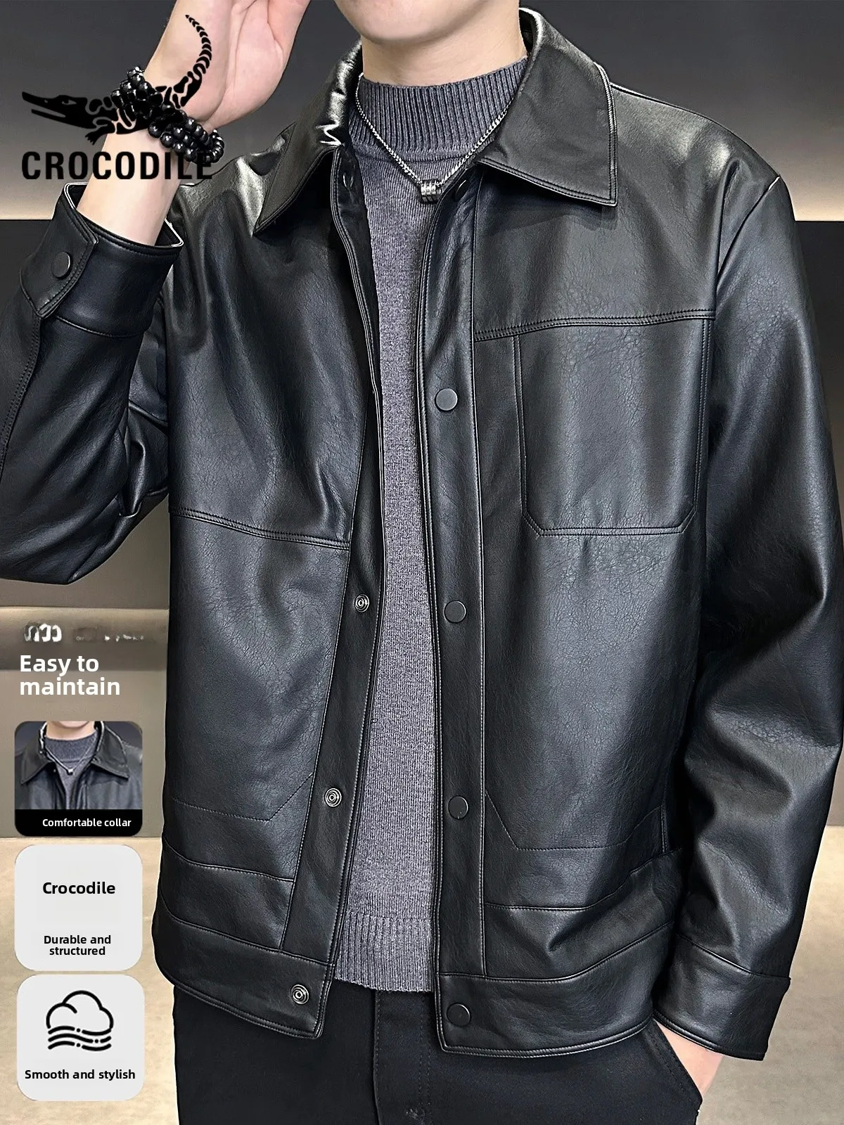 

Crocodile Bla Leather Jaet Men's Spring 2026 New Faion Brand High-End Feel Motorcycle Leather Jaet Outerwear