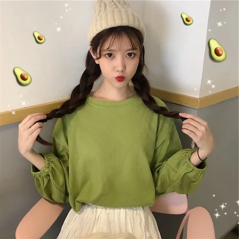 Women Korean Crew Neck Solid Color Long Sleeve T Shirt Loose Drop Shoulder Lantern Sleeve Basic Casual Tee Multi Color Simple So