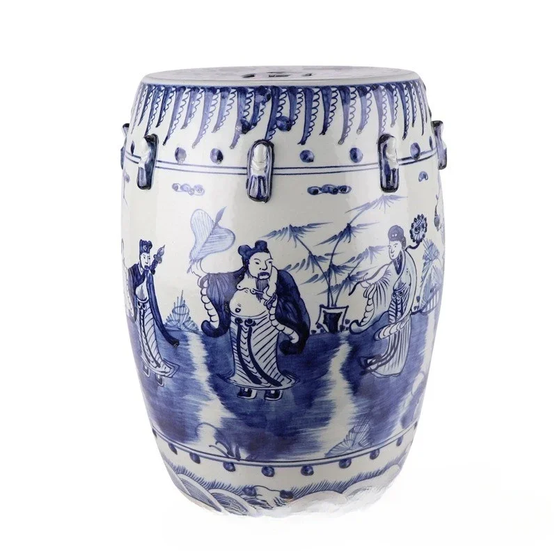 Ceramic hand-painted blue and white stool antique eight immortals character unicorn lion dragon pattern drum
