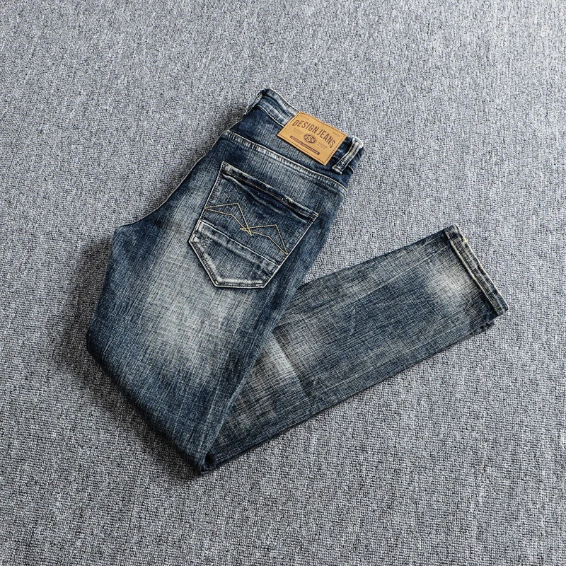 Newly Fashion Designer Men Jeans Retro Blue Elastic Stretch Slim Fit Ripped Jeans Men Vintage Trousers Casual Denim Pants Hombre