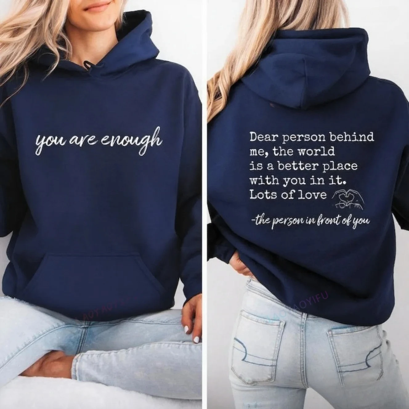 Du bist genug, lieber Mensch hinter mir, beidseitiger Hoodie, Hoodie mit Positivität auf Vorder- und Rückseite, Sweatshirt zur Suizidprävention – Detail 15