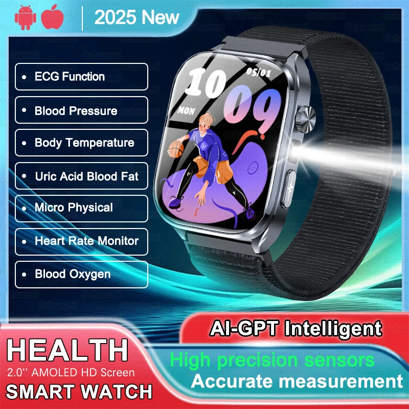 2025New AI-GPT ECG Smartwatch دقيق حمض اليوريك الدهون في الدم ضغط الجسم تحليل ساعة ذكية الرجال BT دعوة مصباح ليد جيب ساعة