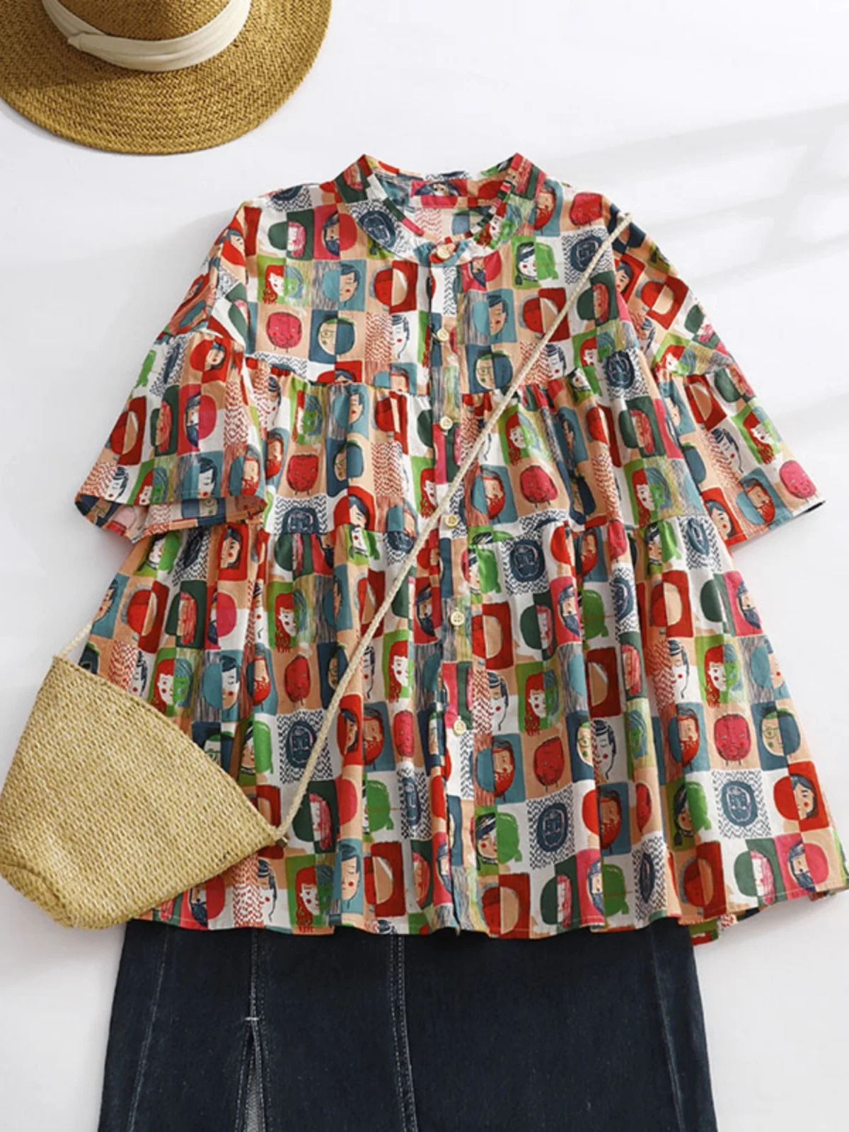 

Японская кукла Sle fiti с принтом irt для больших размеров, женская летняя повседневная свободная кукла ort Sve с воротником-стойкой в стиле пэчворк...