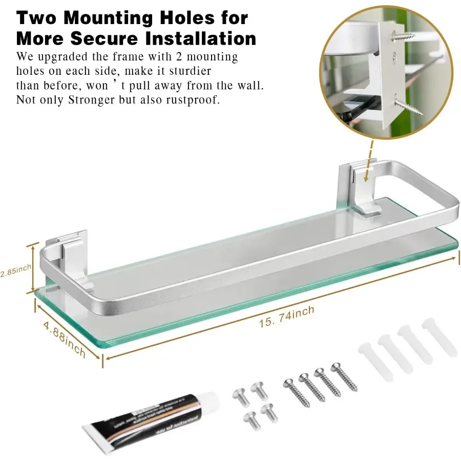 رف حائط للحمام مقاس 15.7 بوصة - زجاج 3 طبقات، حامل على الحائط، منظم مقاوم للصدأ (فضي) | لأصحاب المنازل/الإيجارين | الحمام #5