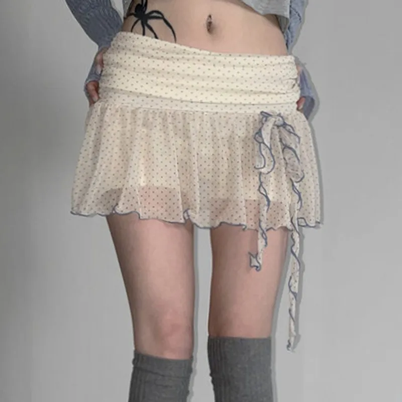 المرأة ألف خط Fairycore Y2k خمر تنورة قصيرة Fairycore الكورية نمط منقطة طباعة شبكة تنورة صغيرة 2000s اليابانية الشارع الشهير #3
