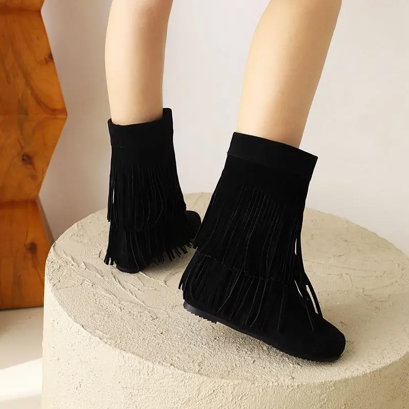 

SIMLOVEYO/женские сапоги до середины икры, с круглым носком, из флока, замши, на танкетке, распродажа, без шнуровки, модные повседневные ботинки для свиданий, большие размеры 41-43