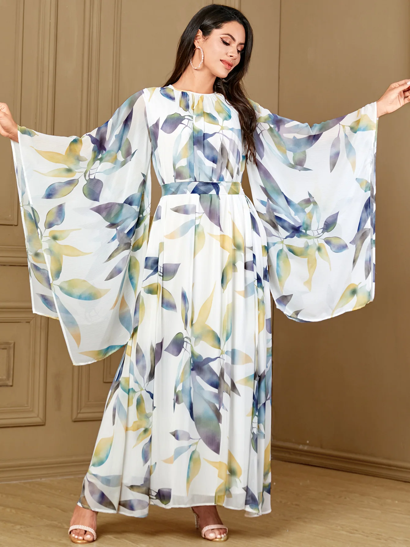 Muslim Women's Chiffon Evening Dress, Elegant Party Print, Light, Luxury Abaya, Moroccan Cafe, Dubai Kaftan, Jalabiya, New