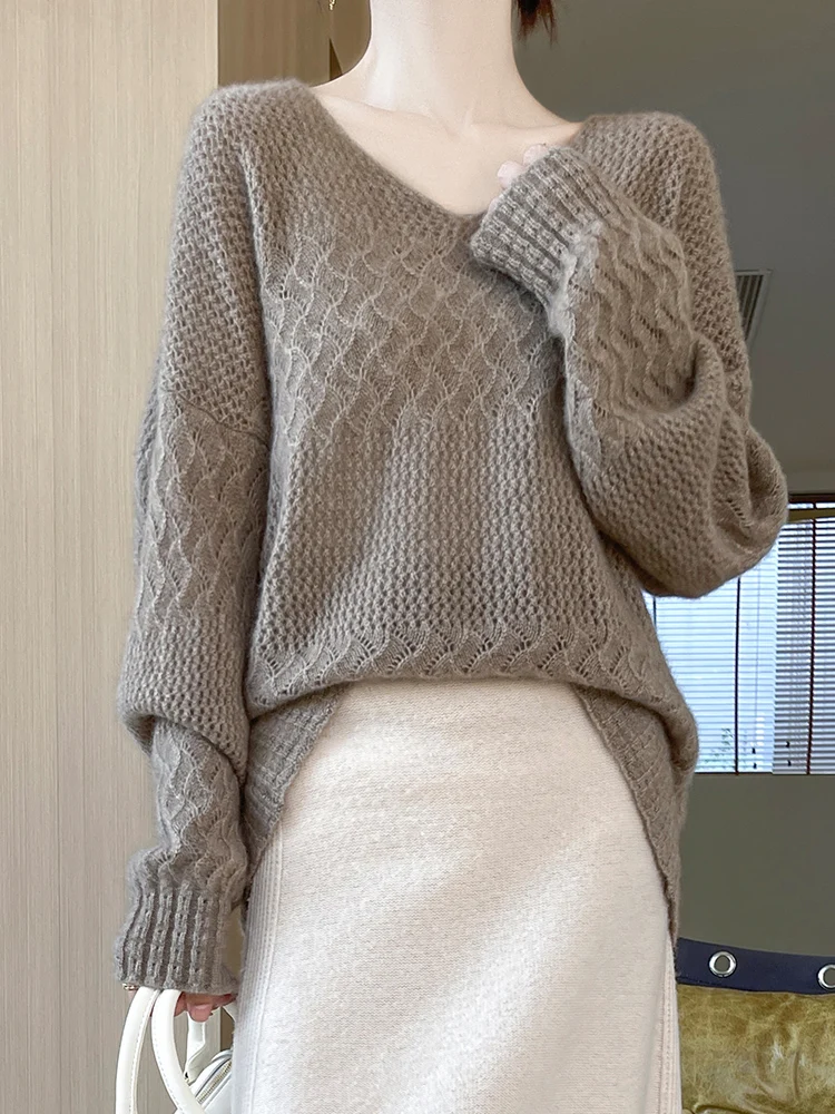 Large Size Fall Winter 100% Cashmere Sweater Women V-Neck Pullover Long Sleeve Knitted Top Hollowed Out Jacquard OuterweaFashion