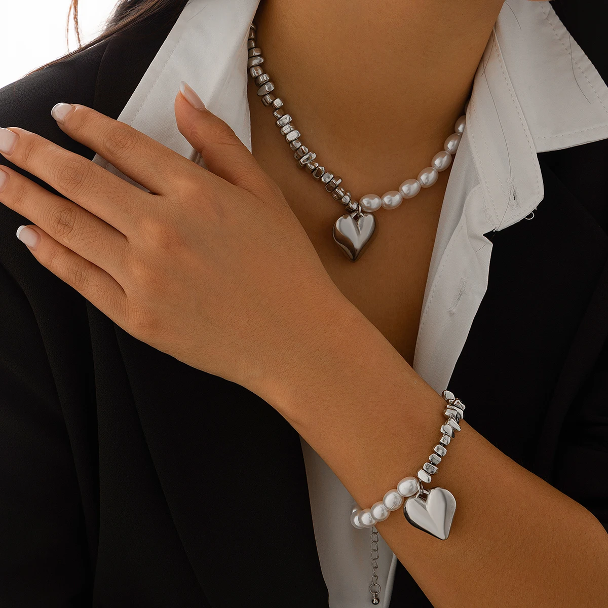 SHIXIN 2Pcs/Set Water Drop Choker Necklace Bracelet for Women Trend Imitation Pearl Clavicle Chain Jewelry Set Neck Accessories