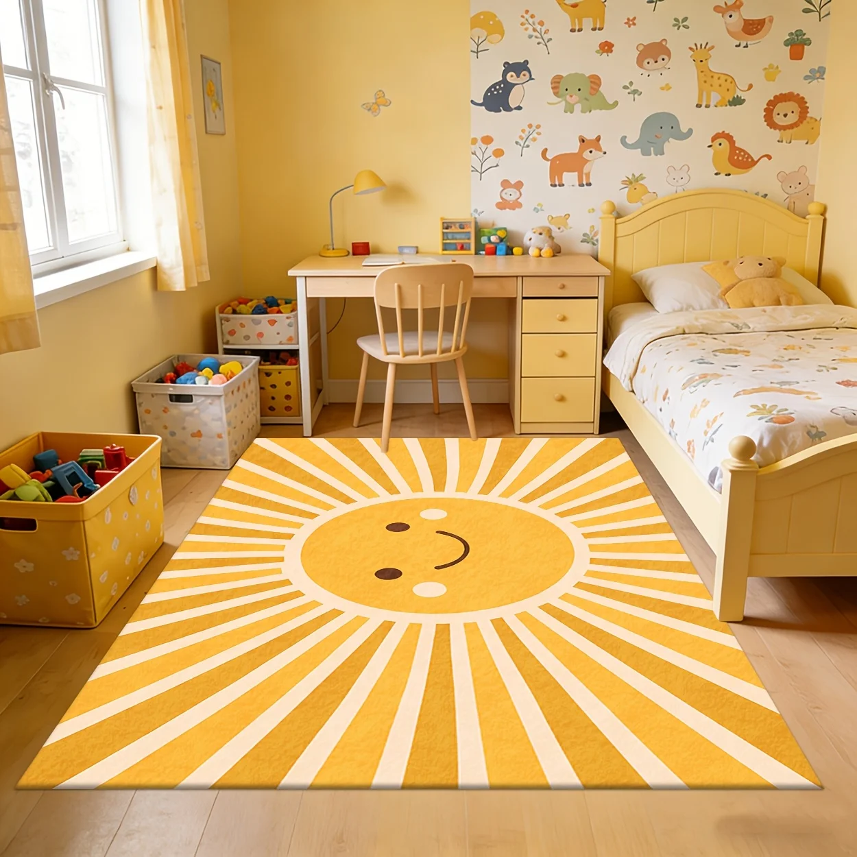 Cute Smiling Sun Kids Play Rug, Cartoon Sunshine Floor Mat for Children Bedroom, Playroom and Classroom Decoration