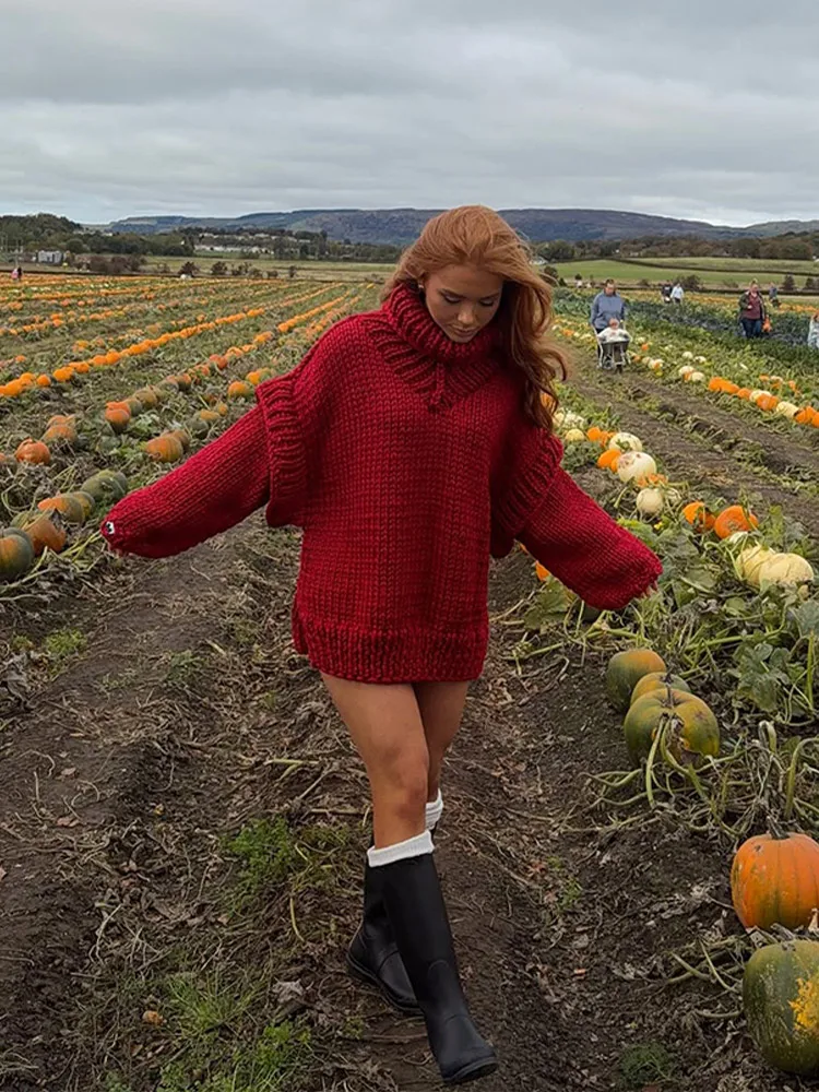 

Красный пуловер вязки в стиле ретро, женский повседневный пуловер с длинными рукавами и высоким воротником в стиле пэчворк, свободный короткий свитер 2025 г., женские зимние шикарные пуловеры