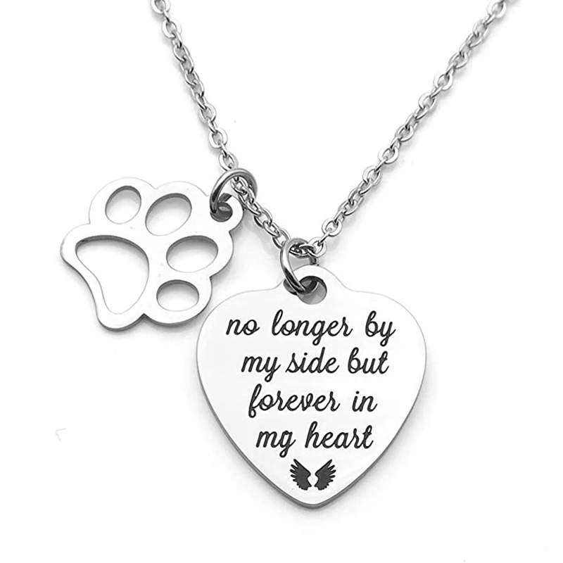 Pet Memorial Gift No Longer by My Side But Forever in My Heart Stainless Steel Paw Prints Necklace Keychain Pet Sympathy Gift