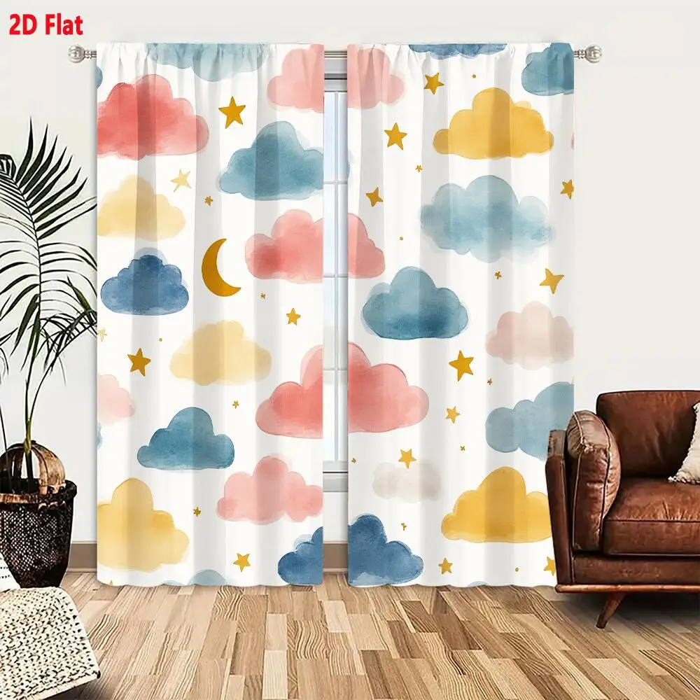2Pcs Curtains 2D Flat Seamless Watercolor Clouds Stars And Moon Pattern With Dusty Pink Muted Blue And Warm Yellow Orange On Off