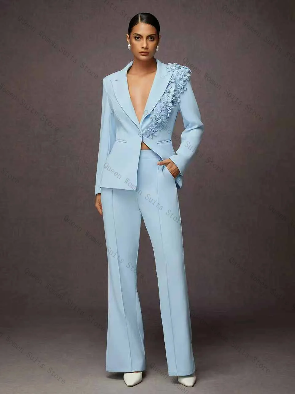 

Light Blue Women Suit Set 2 Piece Blazer+Pants Trousers 3D Flower Formal Office Lady Jacket Cotton Wedding Coat Customized