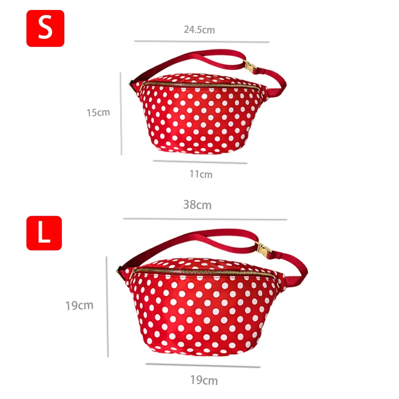 Sac banane en nylon imperméable à pois, sac de taille extérieur, sac de poitrine, fitness, sac de gym, ceinture en poudre, cadeau de fête, 2 tailles