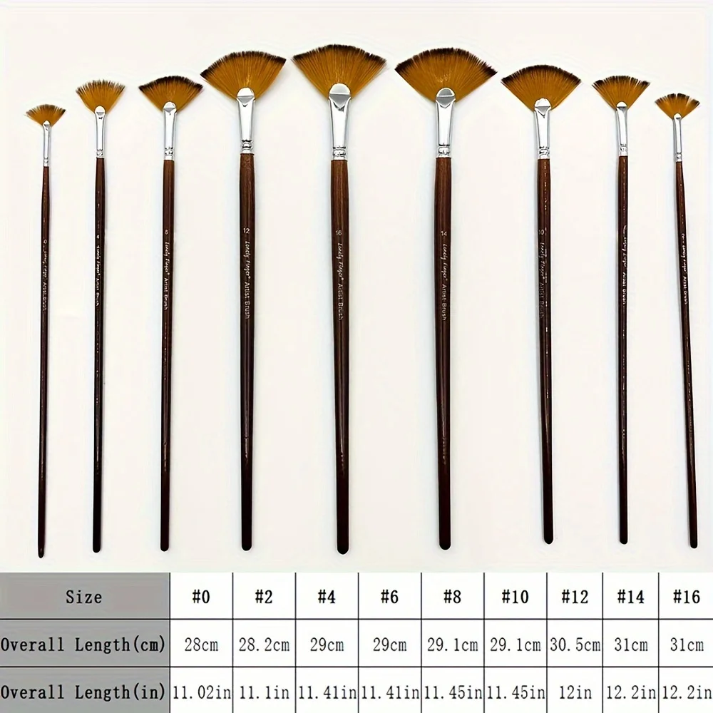 9pcs Professional Fan Paint Brush Set - Long Wood Handle High-Quality Nylon Hair for Watercolor, Acrylic, Oil & More