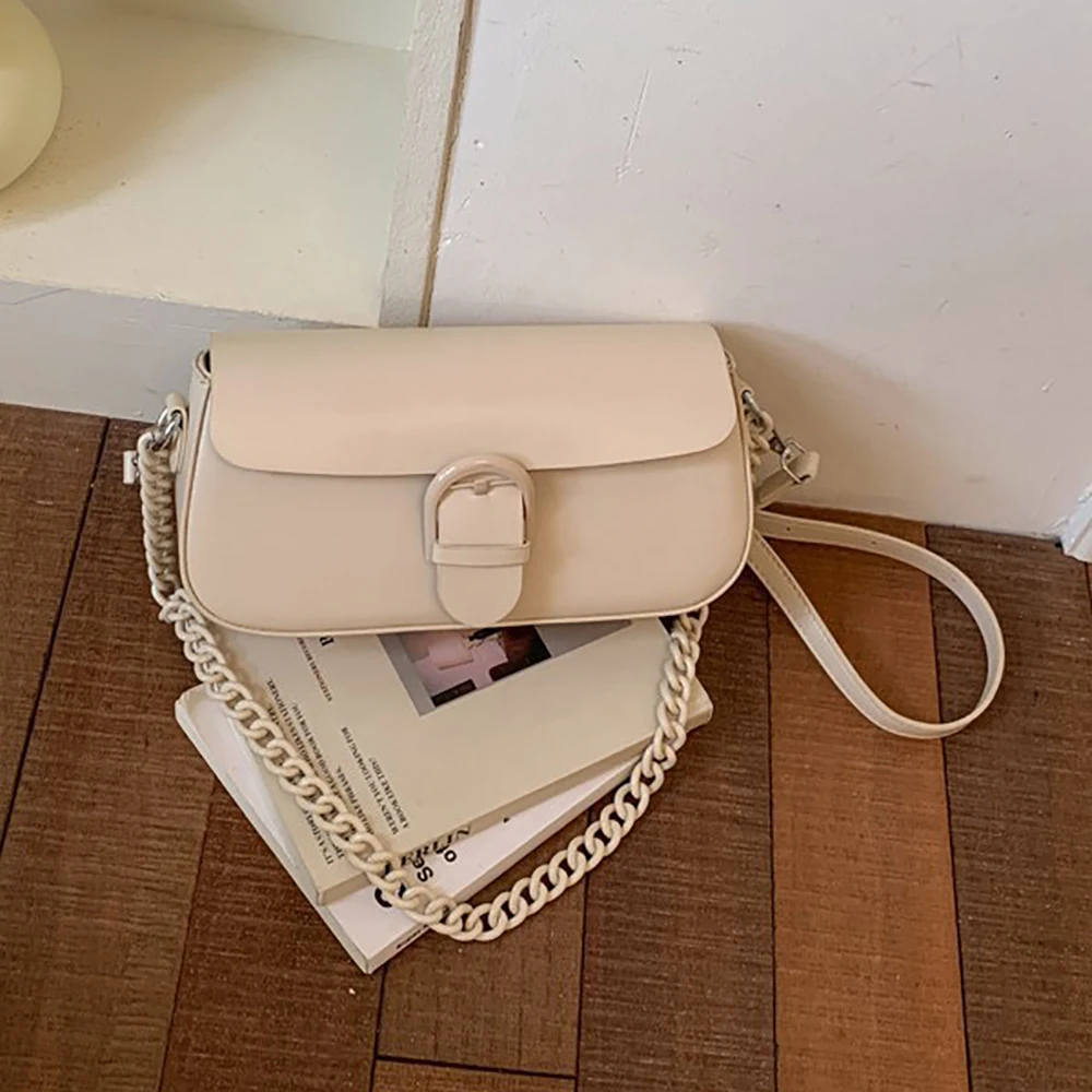 Women's Simple PU Leather Shoulder Bag Casual Solid Color Chain Buckle Zipper Crossbody Bags High Grade Commute Messenger Bags