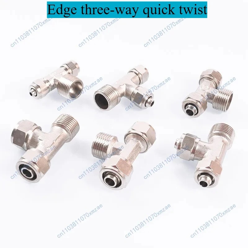 10 Uds. Tuerca de bloqueo de tubo de aire neumático de torsión rápida de tres vías con borde niquelado de cobre rosca macho tipo T 1/2/3/4 dividido 6/8/10/12mm