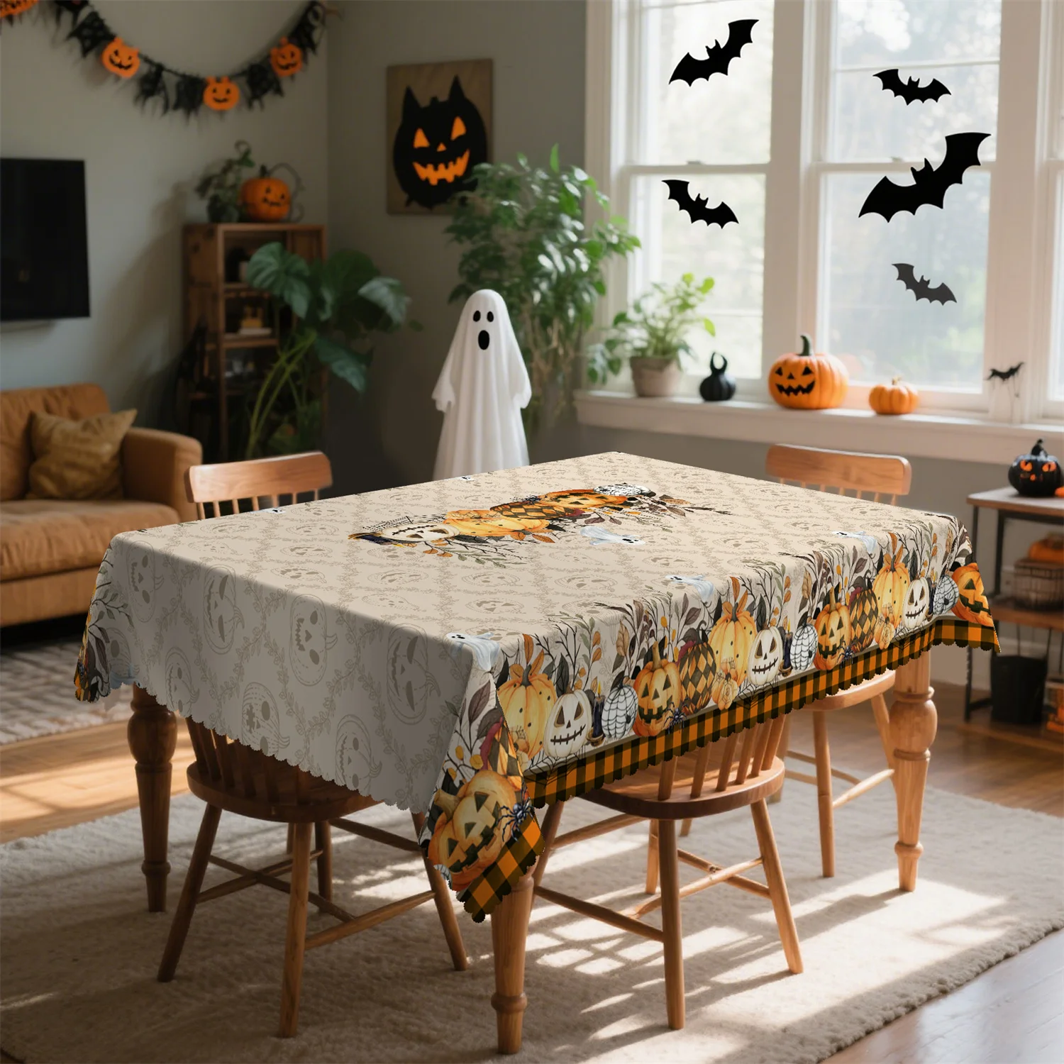 Buffalo Check Pumpkin Spider Candle Wick Tablecloth - Washable table decoration, suitable for Halloween partieszyc