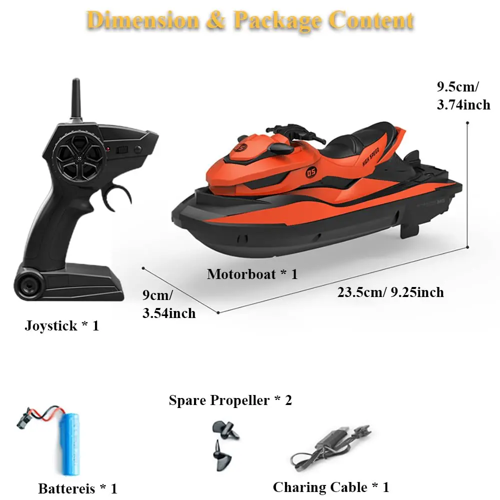 Mini barco de jet ski RC de alta velocidade, 2,4 GHz, motores duplos, 2 velocidades, alcance de 50 m, brinquedo à prova d'água para meninos e crianças – piscina, pátio e diversão de verão
