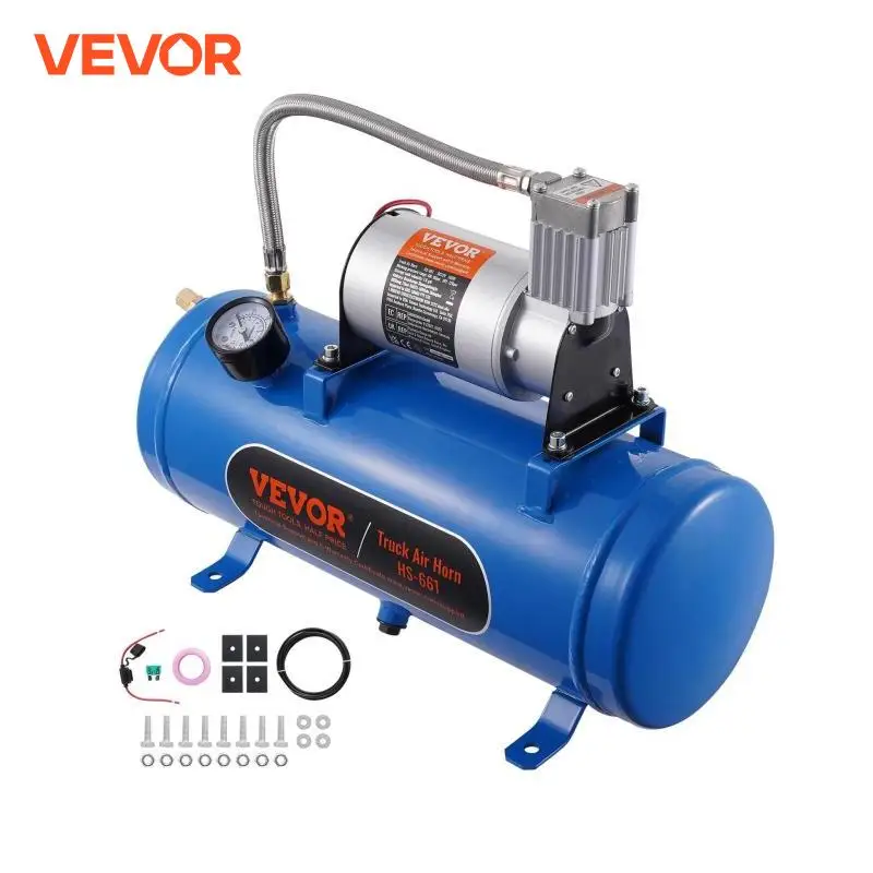 VEVOR 12V Air Compressor with Tank 1.6 Gallon/6 L 120 psi Onboard Air Compressor System for Train Air Horns Inflating Tires