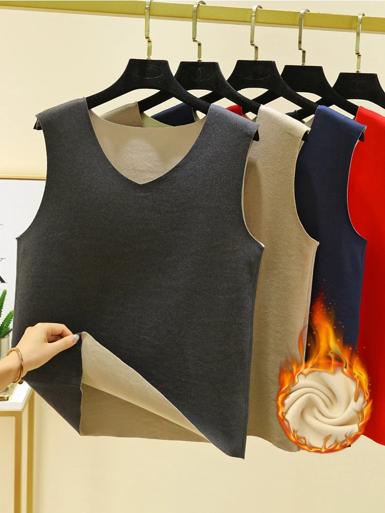 Thickened Fleece Warmth Vest Men's Seamless Underwear Cotton Sweater V-neck Single-layer Youth Suitable Home Clothes
