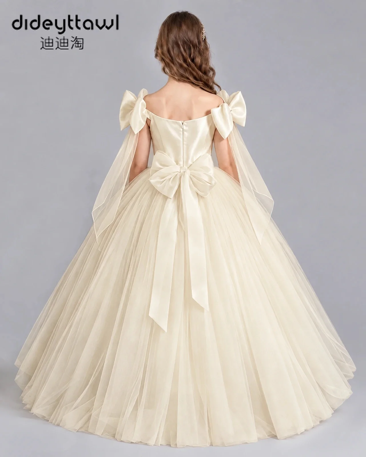 Dideyttawl Flower Girl Dress Off Shoulder Big Bow Tulle Puffy Ball Gown Sparkly Pageant Princess Dress For Wedding Birthday