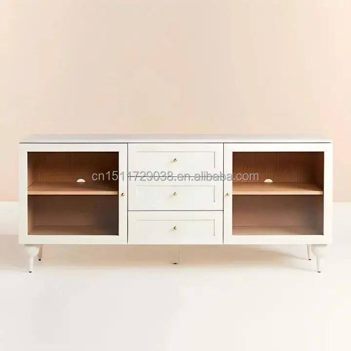 Mid-Century Modern Solid Wood 3 Drawer and 2 Glass Door TV Stand Media Console Buffet Cabinet with Marble Top