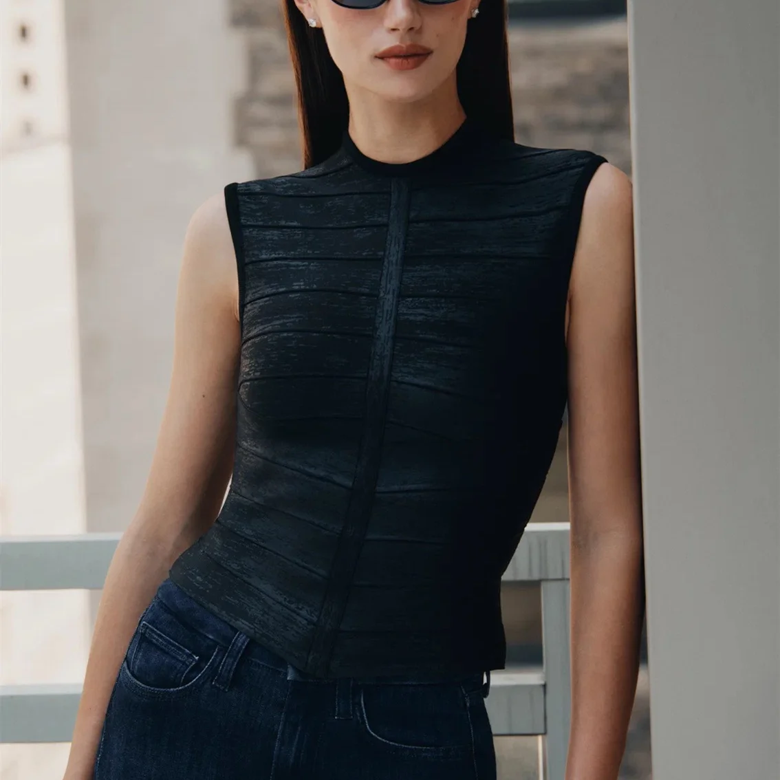Metallic Silver Bandage 2 Piece Outfit Women Sleeveless Stand Collar Tank Top Mini Skirt Set Party Bodycon Two Piece Dress Suit