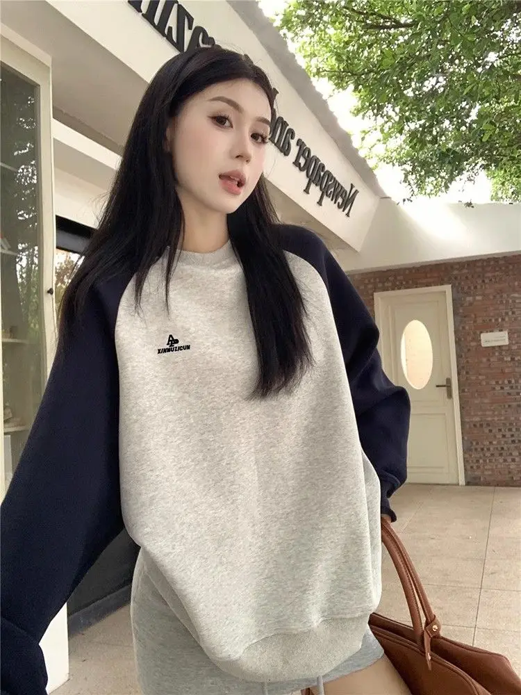 

HOUZHOU Vintage Harajuku Sweatshirts Women Oversized Round Neck Pullover Streetwear Long Sleeve Aesthetic Hoodie Autumn Winter