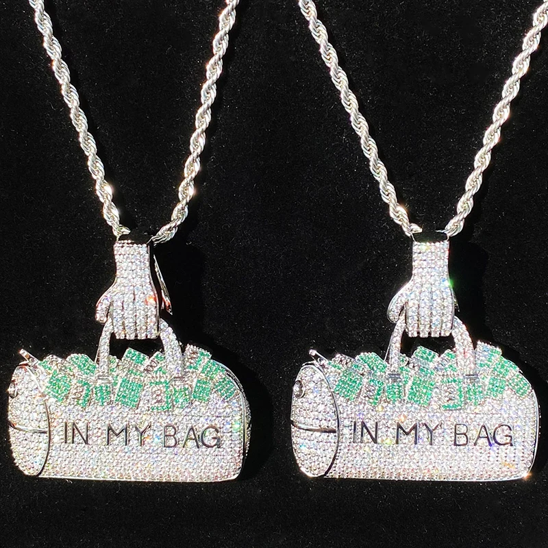 

Hip Hop 5A+ CZ Stone Paved Bling Iced Out Dollars IN MY BAG Pendants Necklaces for Men Rapper Jewelry Green Silver Color