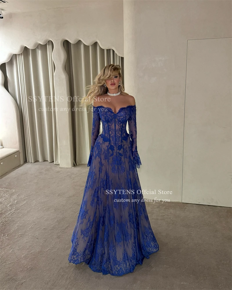 SSYTENS Royal Blue A-line Evening Dresses Off the Shoulder Long Formal Gown Occasion Dress Full Lace robes de soirée Customized