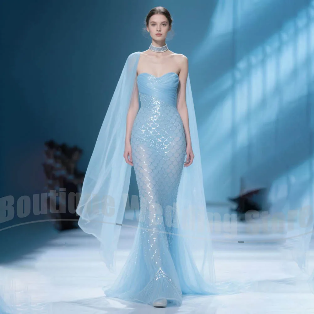 

Women Strapless Mermaid Prom Dress Fashion Sequined Sheer Cape Party Gown Slim Elegant Floor Length Beaded Evening Dress
