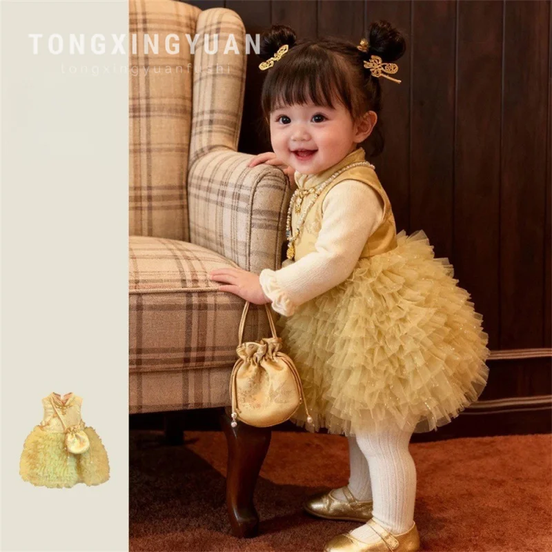 

Free Bag New Chinese Style Girl's National Style Dress Winter New Style First Birthday Dress Toddler Fashionable Princess Dress