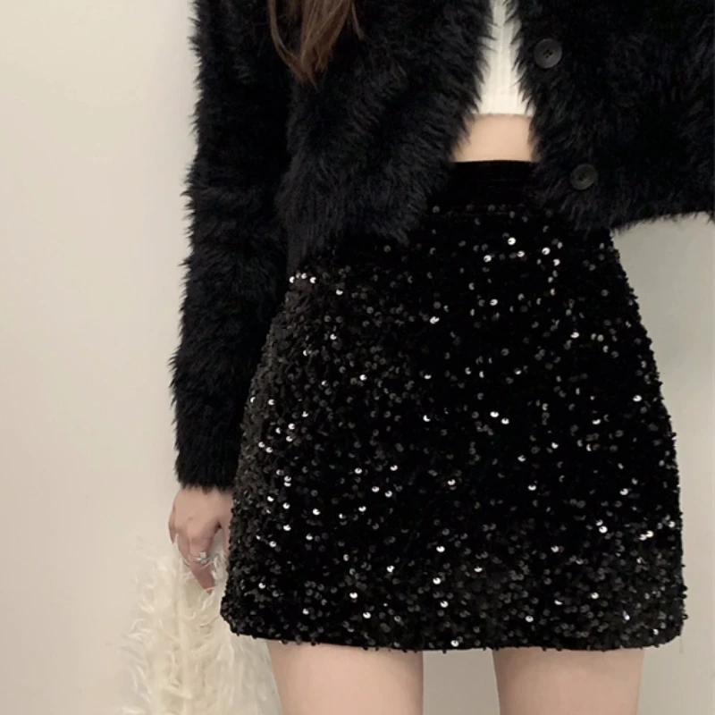 Korean Mini Skirts for Women Bling Sequin Sexy High Waist Fashion Nightclub Skirt Autumn Winter Female Sweet Chic A-line Faldas