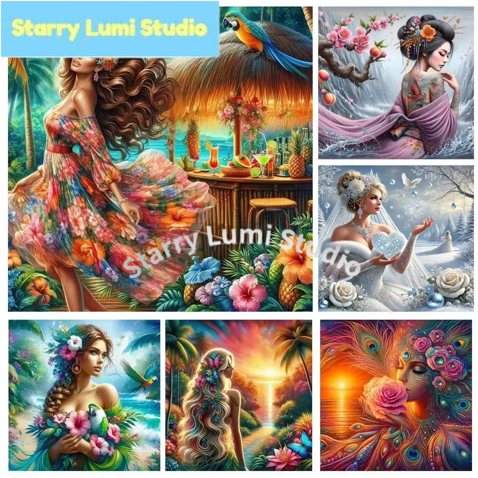 Beautiful Flowers Woman Beauty Parrot Landscape Diy Diamond Painting Full Square Round Diamond Mosaic Cross Stitch Home Decor