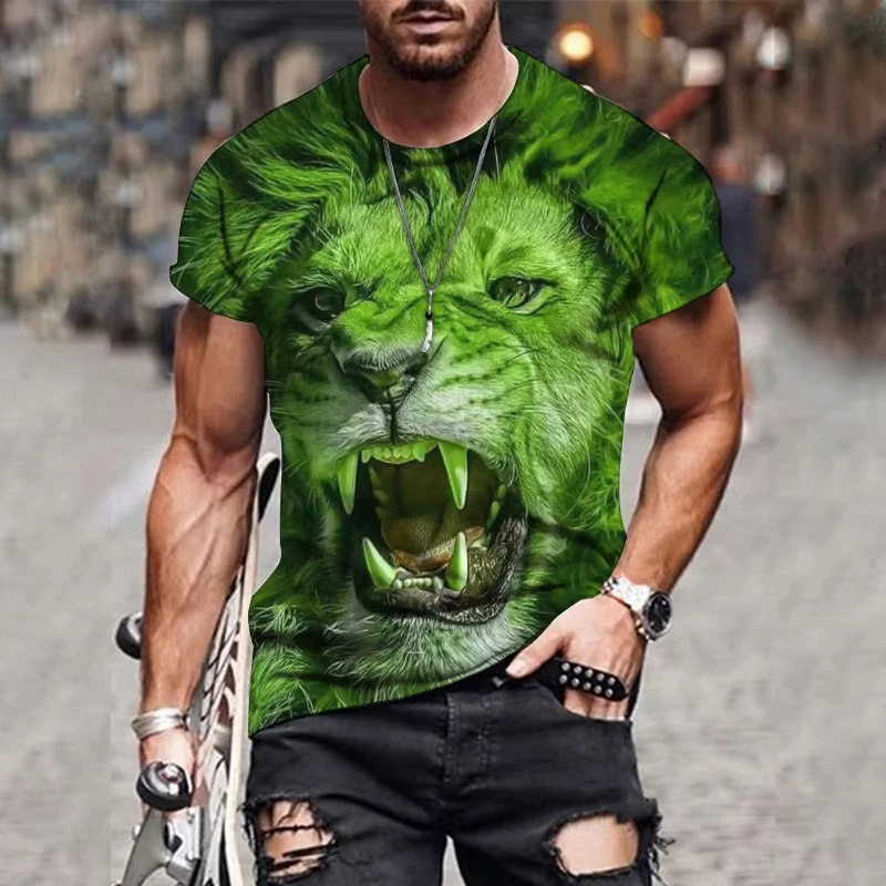 تي شيرت رجالي مطبوع عليه أسد الحيوان بأكمام قصيرة ورقبة دائرية بلوفر ملابس الشارع الشهير قميص رياضي فضفاض تي شيرت رجالي ملابس #4