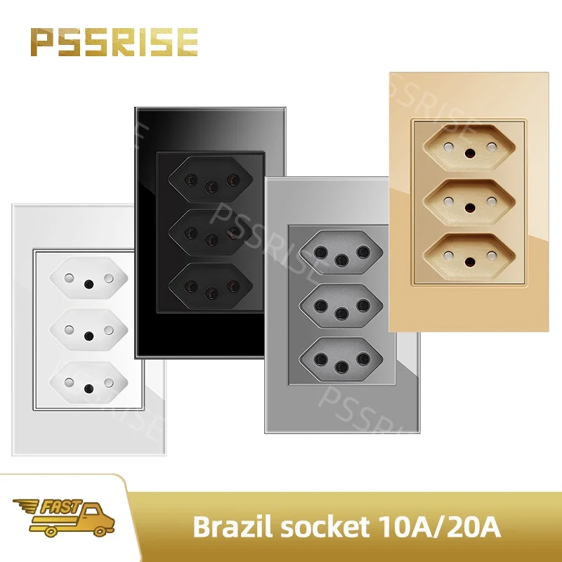 PSSRISE Gold White Grey Black Tempered Glass Brazil Standard 3gangs 3Pains Integrated Outlet Wall Socket Electrica Plug 10A 20A