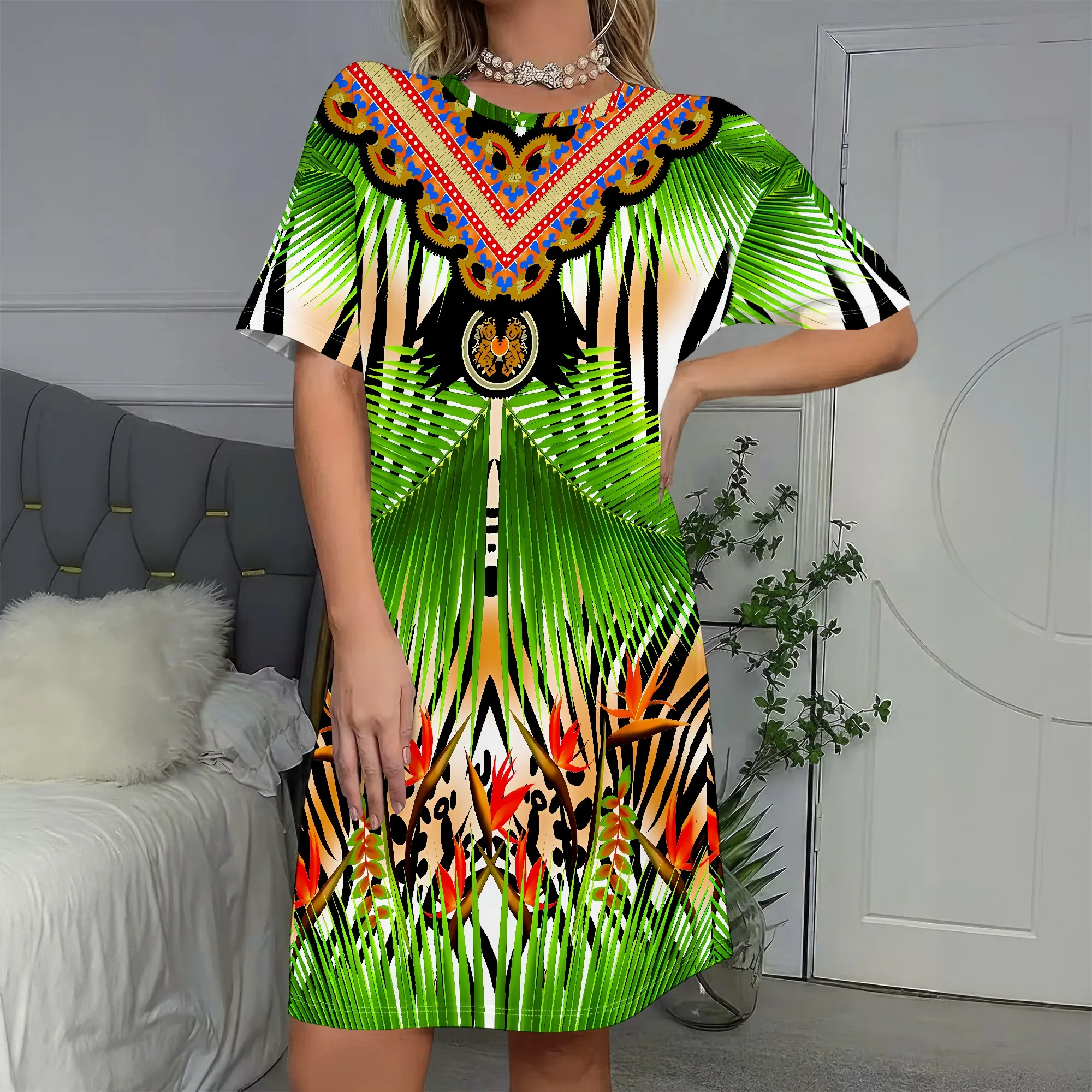 Tropical Print, Summer Dress, Boho Style Casual Wear, Vibrant Pattern Beach Outfit, Loose Fit Vacation Clothing, S-2XL