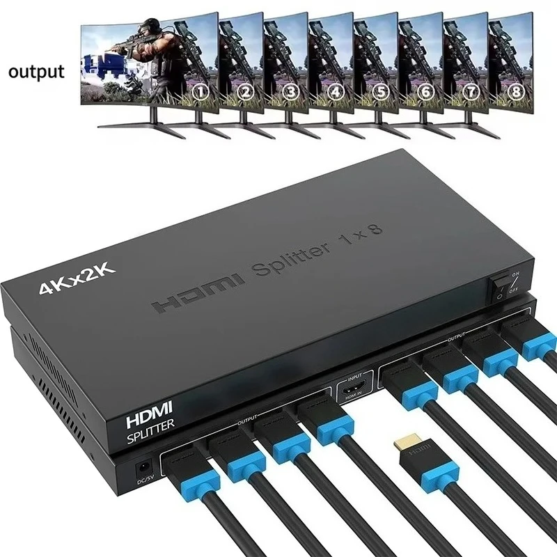 8-Port HDMI Splitter 1 in 8 out 4Kx2K HDMI Video Distributor Splitter 1x8 Screen Duplicate Display for PS4 NVR PC TV Monitor