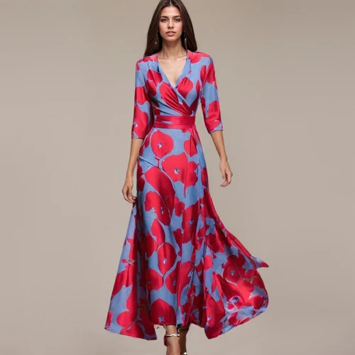 Imagen 2 del producto Vestidos estampados coloridos a la moda, vestido elegante con temperamento y cuello en V, vestido de fiesta de siete mangas, bata informal, ropa para mujer, Vestidos
