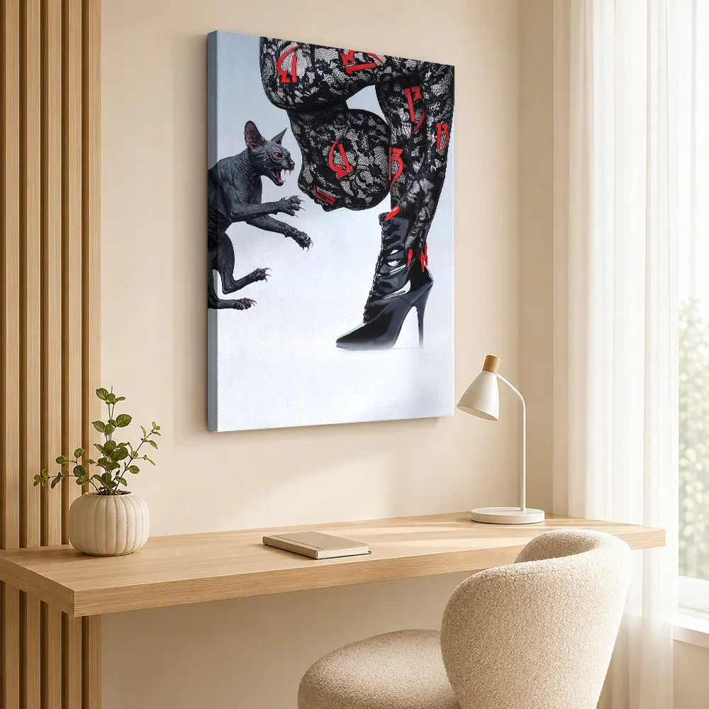 Gothic Fashion With Sphynx Cat Canvas Print Customized Photo Expressive Brushwork Wall Art For Reading Room, Fantasy Fan Gift