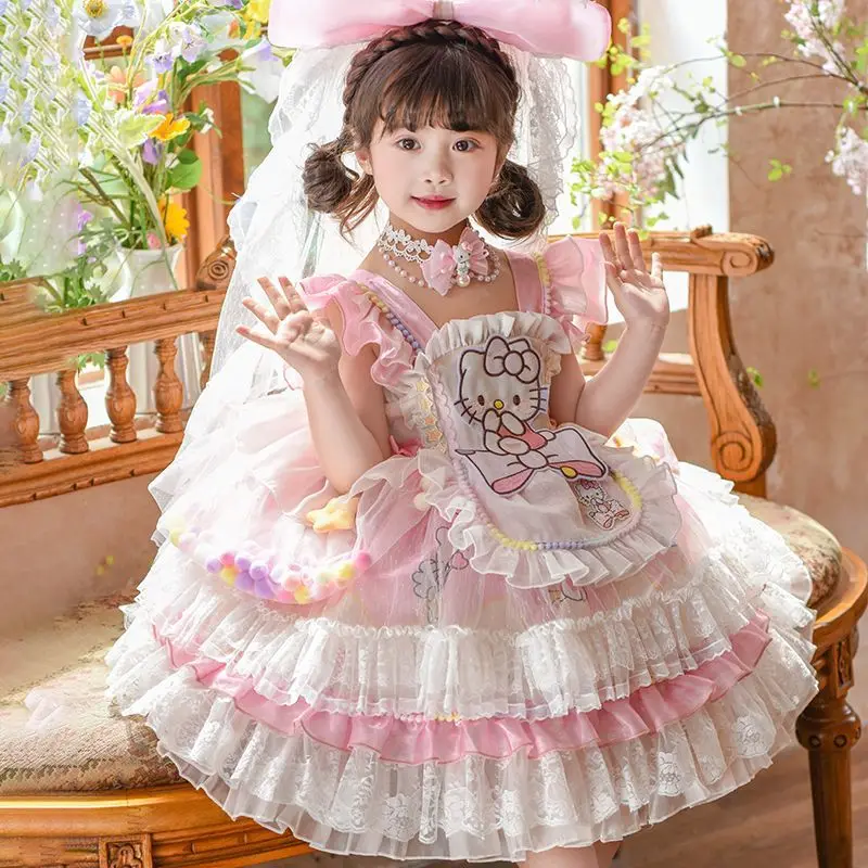 Sanrio Girls Princess Dress Children's Cake Dress Cute Hello Kitty Birthday Fairy Tale Cartoon Skirt Anime Suit