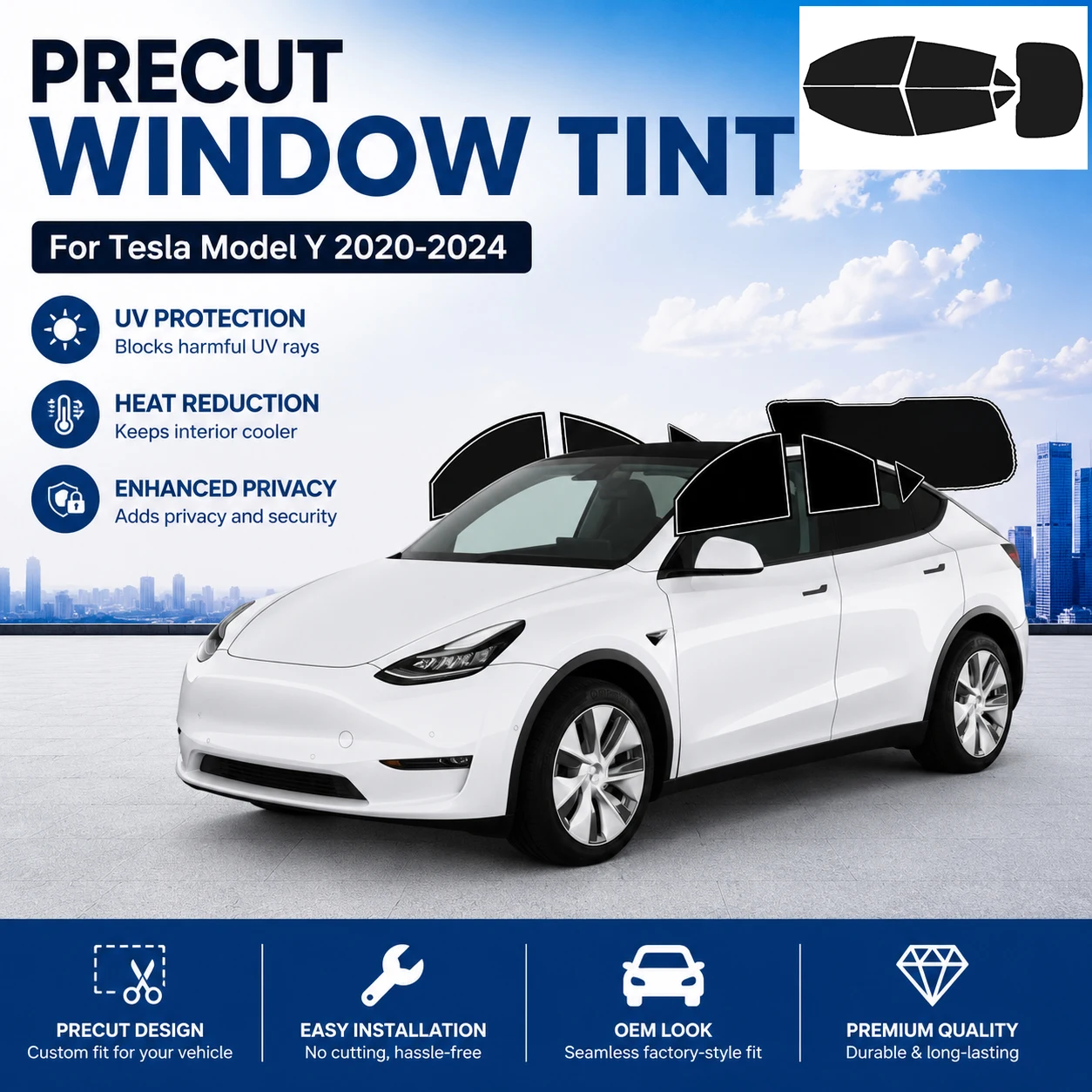 Precut Car Window Tint for Tesla Model Y 2020-2024 UV IR Block Heat Glare 2Ply Privacy Protector High insulation explosion-proof