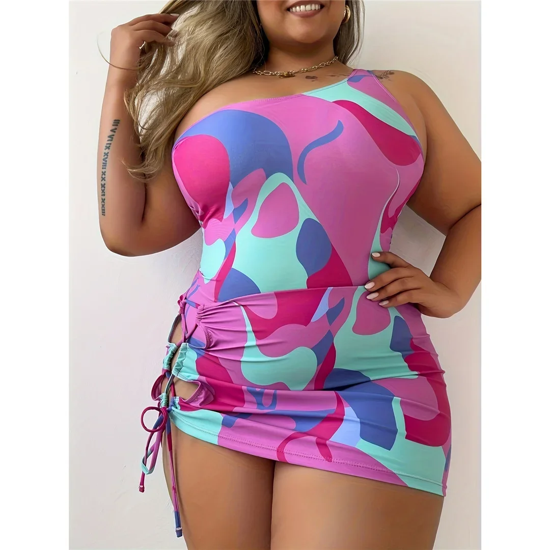 0XL - 4XL New Printed With Skirt Large Size Swimwear Plus Size One Piece Swimsuit Female Women Bather Bathing Suit Swim V5802