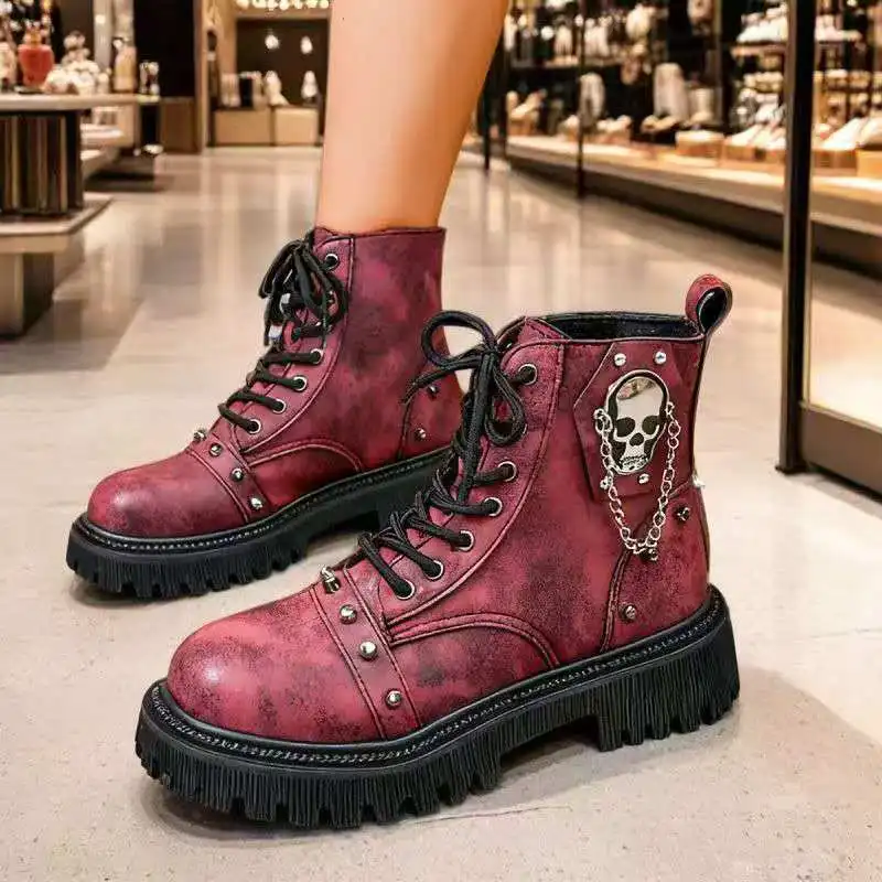 

2026 Winter autumn motorcycle short boots women thick-soled high heels retro-style with rivets anti-slip casual leather shoes